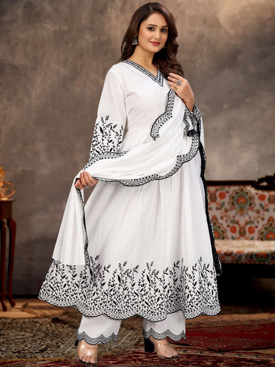 WINE LADY Women Ethnic Motifs Embroidered Cotton Anarkali Kurta with Palazzo & Dupatta