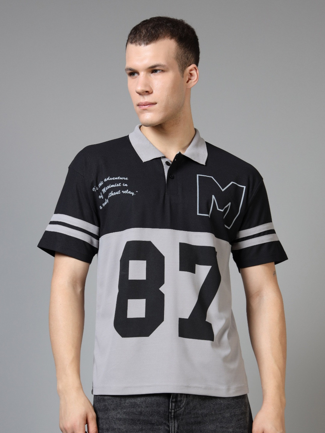 FROSEN FOX Men Typography Colourblocked Polo Collar Relaxed Fit T-shirt