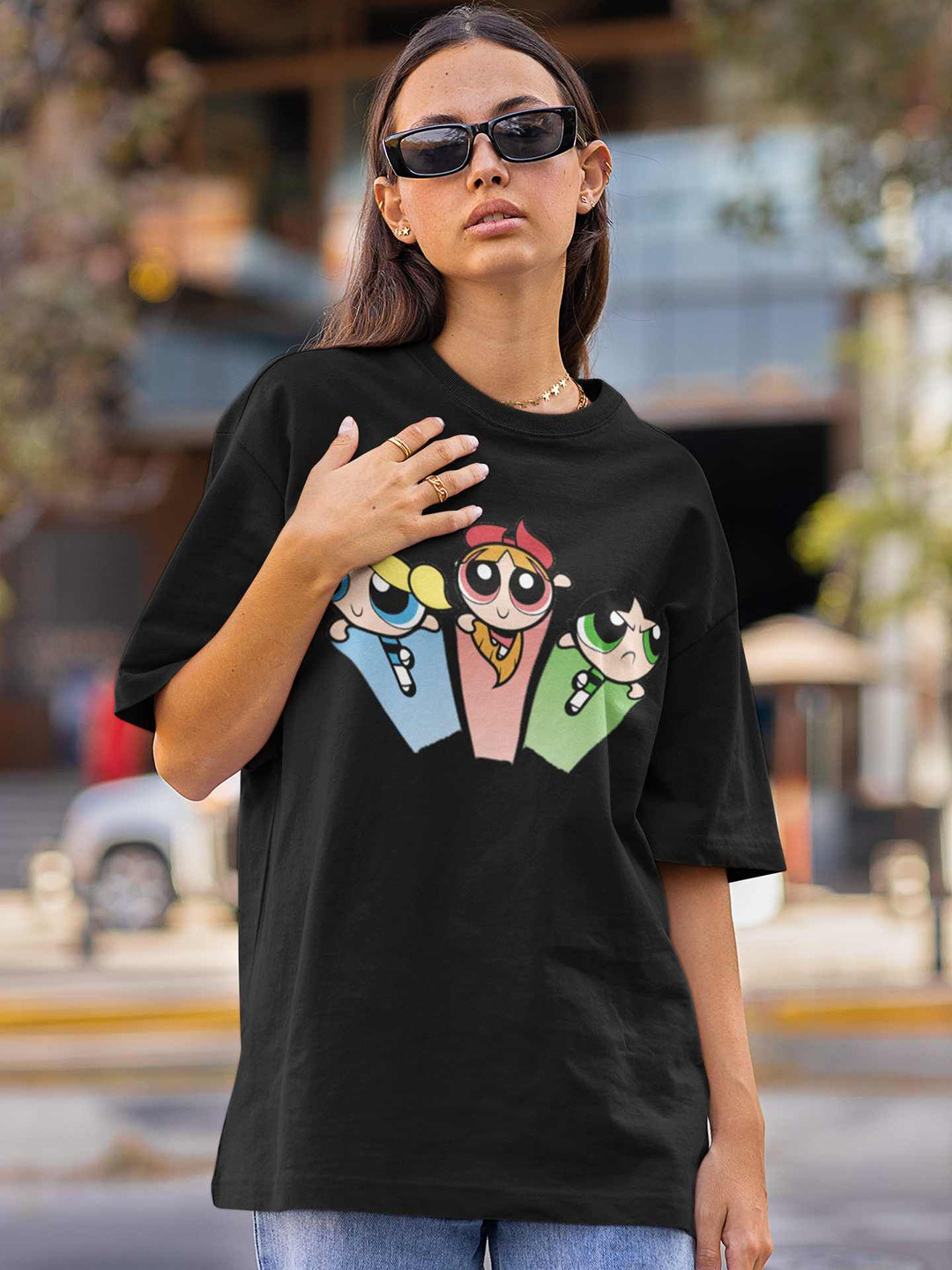 Hatke Trends Women Powerpuff Girls Graphic Printed Round Neck Cotton Oversized T-shirt
