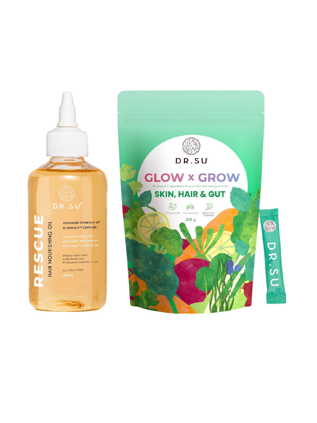 Dr. Su Set Of Glow x Grow Skin Hair Supplement 30 Sachets (210g) & Rescue Hair Oil (200ml)