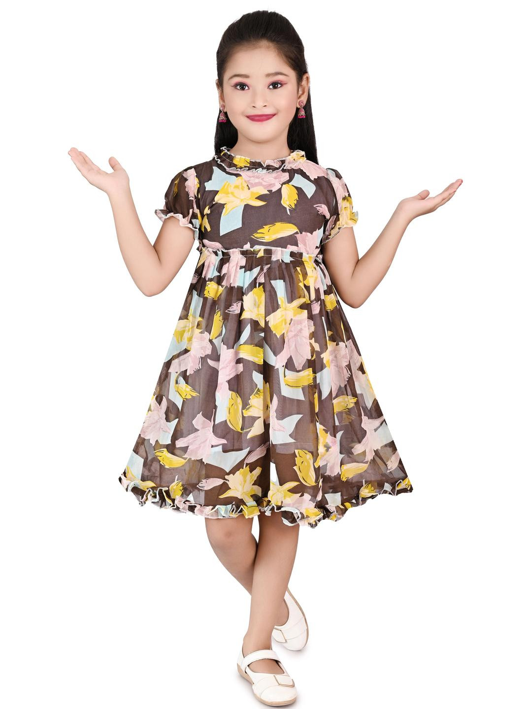 CHANDRIKA Girls Brown Viscose Rayon Dresses