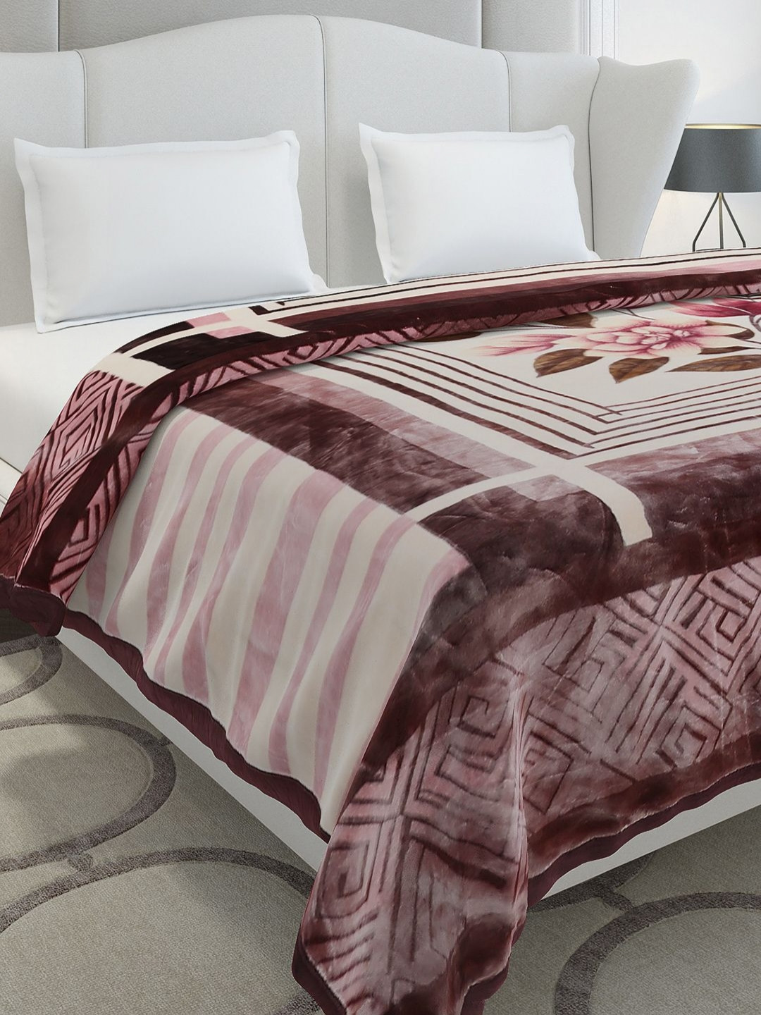 Monte Carlo Commander Pink & Brown Printed Heavy Winter Double Bed Blanket 1136 GSM