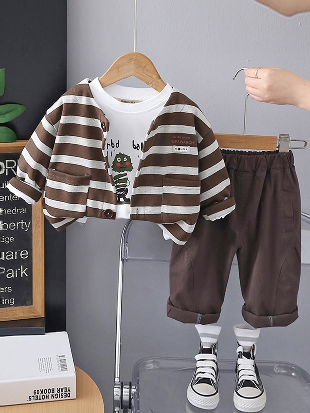INCLUD Infant Boys Striped T-shirt And Cardigan With Trousers
