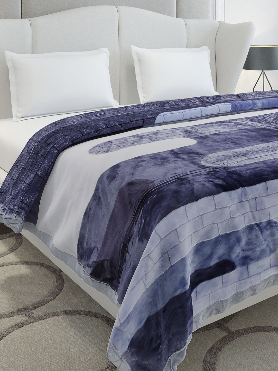Monte Carlo Gala Glow Blue & Grey Printed Heavy Winter Double Bed Blanket 720 GSM