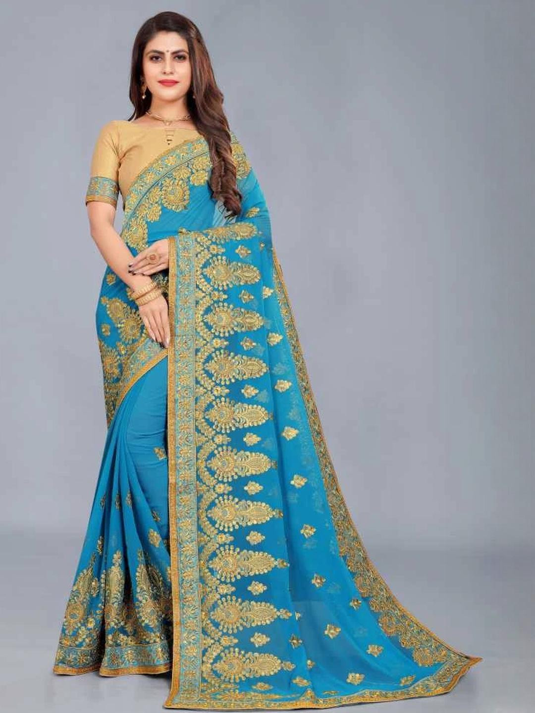 KHRITI FAB Silver Embroidered Pure Georgette Sarees