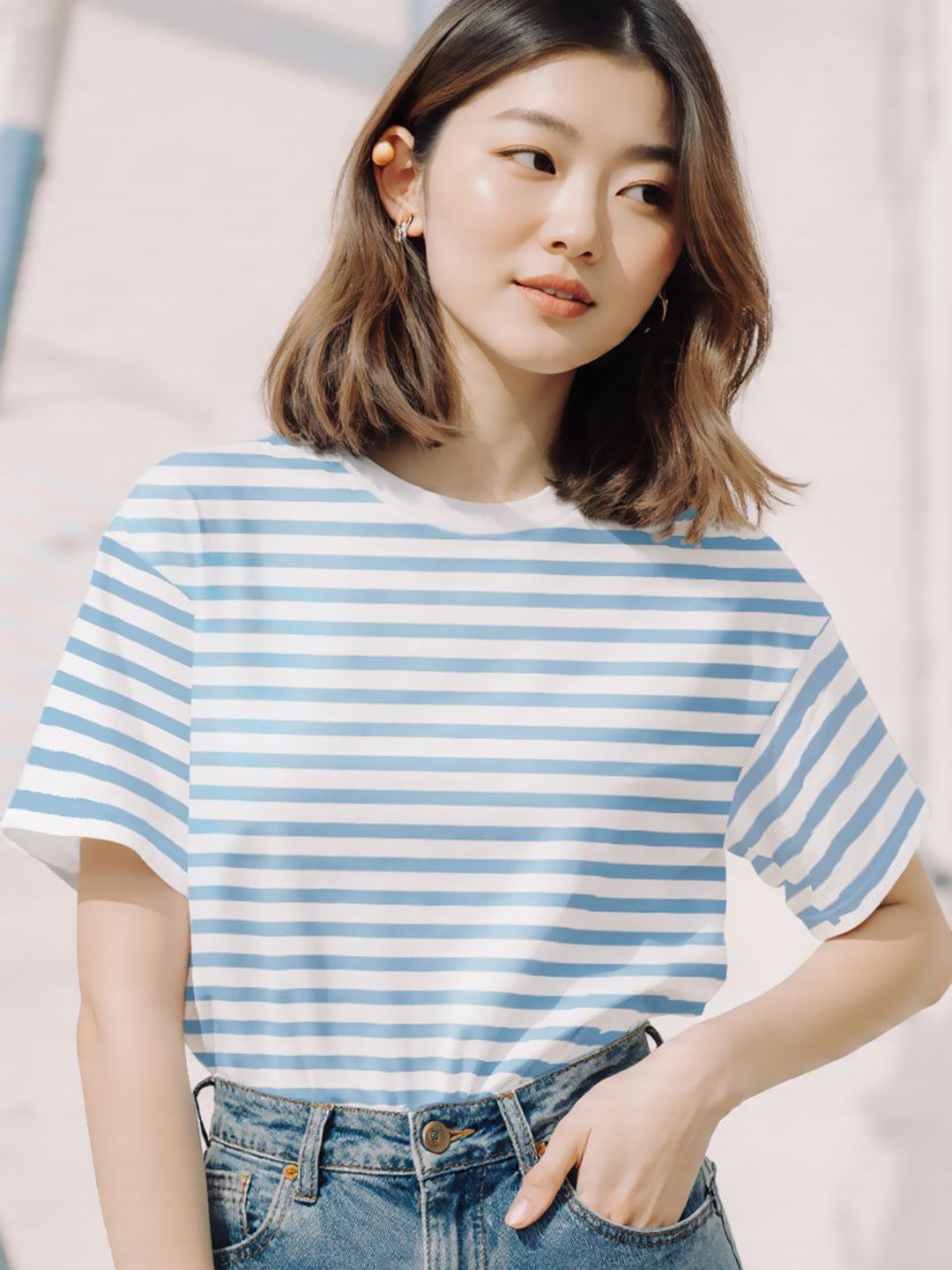 TOGS & TERRE Women Striped Round Neck Cotton Oversized T-shirt