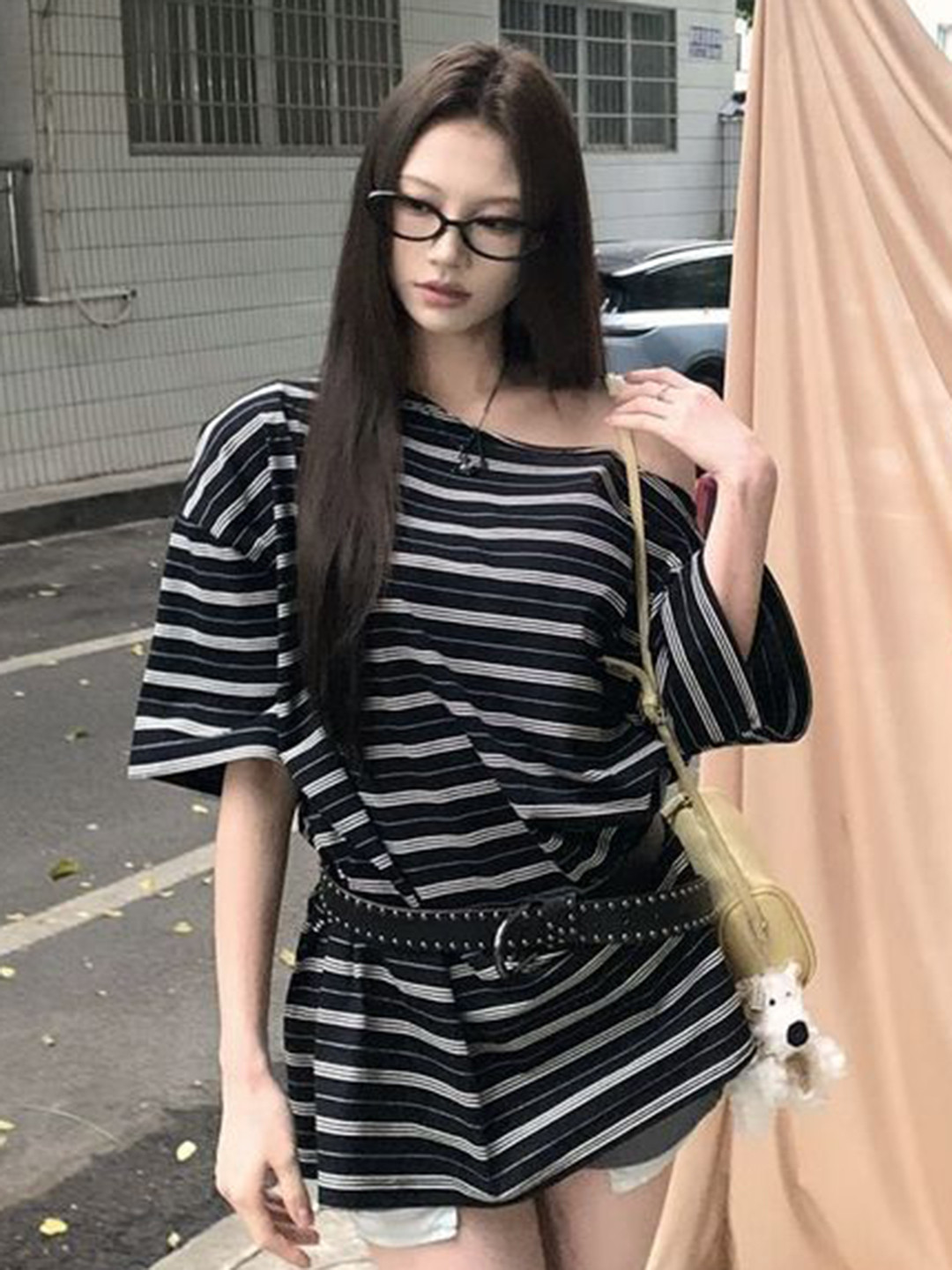 LULU & SKY Women Striped Boat Neck Oversized Casual T-shirt