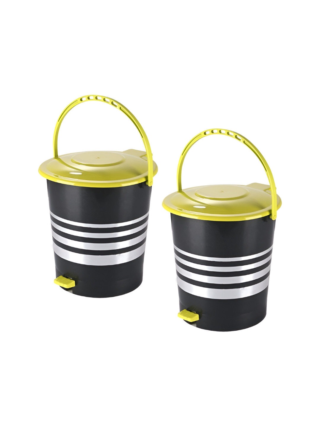 Aura 2 Pieces Black And Green Striped Pedal Bin With Handle 10L Each