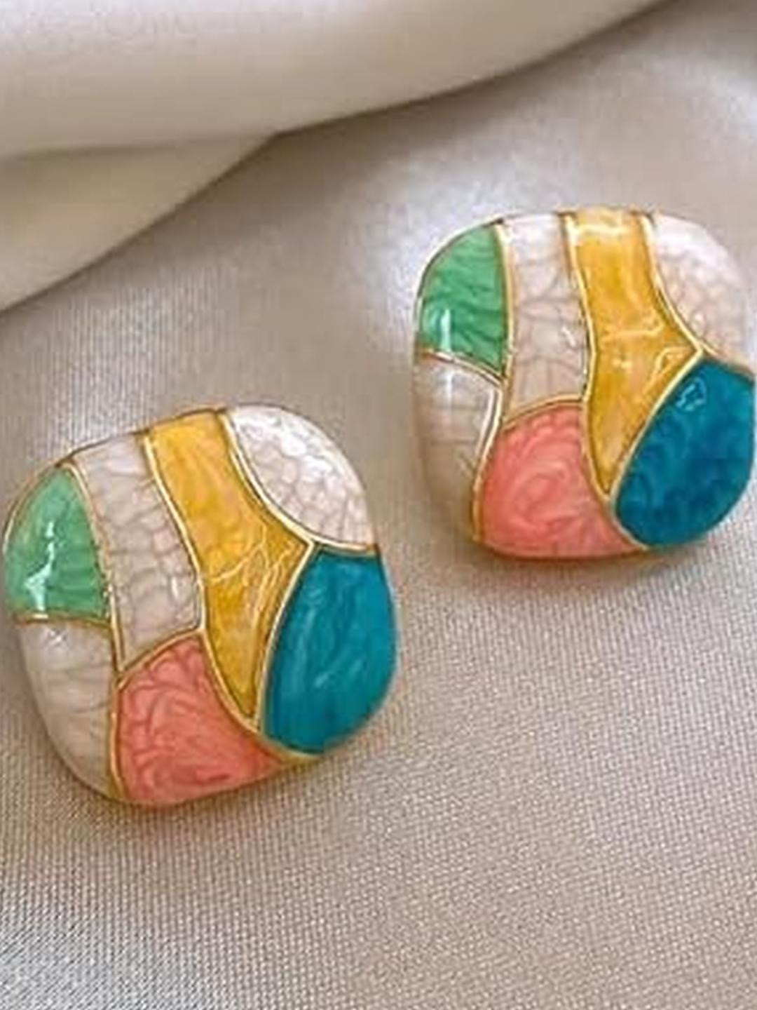 Inara Robes Korean Square Multicolour Enamel Stud Earrings