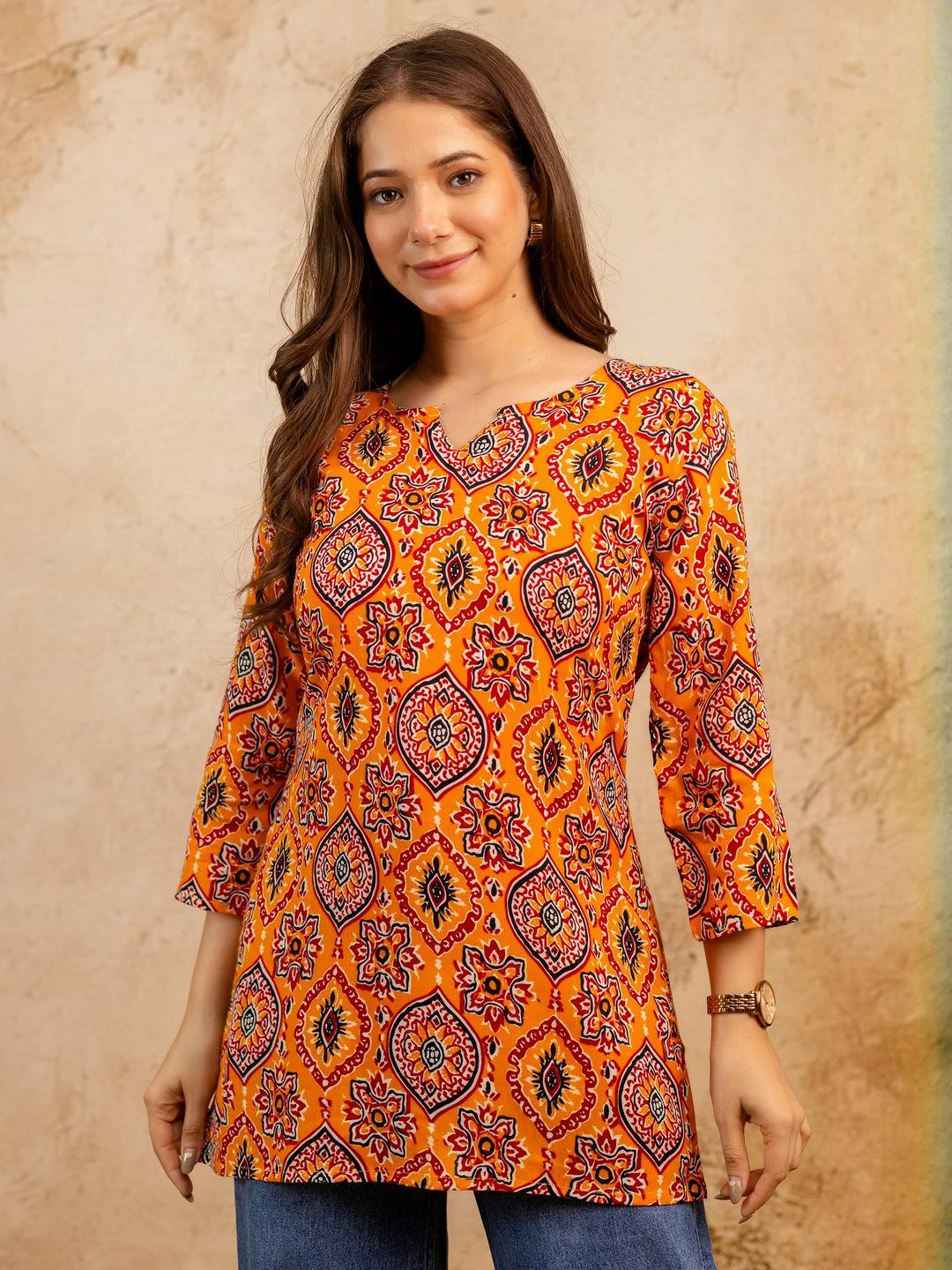 Mialo fashion Women Yellow & Orange Floral Print Viscose Rayon Three-Quarter Sleeves Kurti