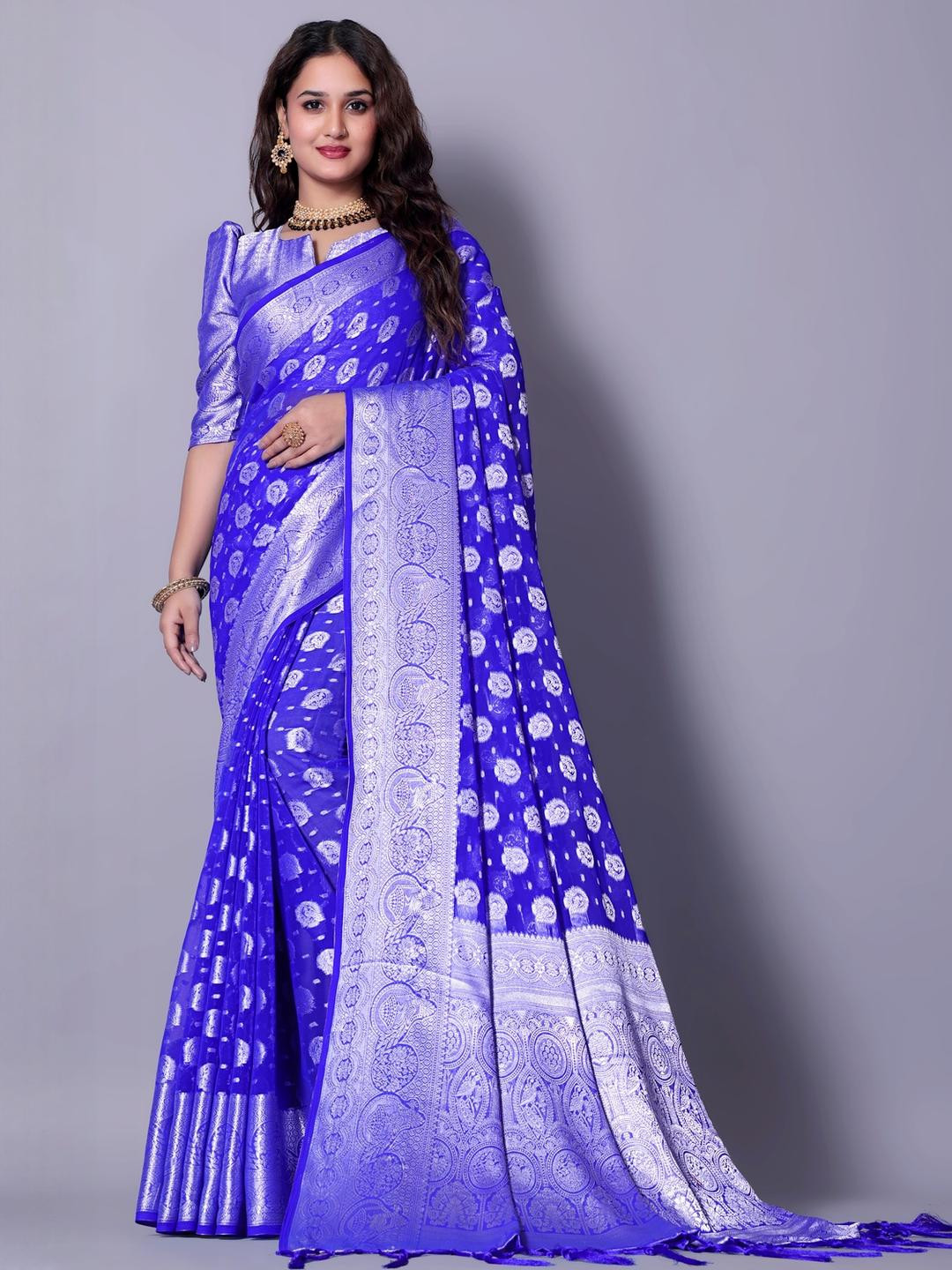 PATTARI Blue Pure Georgette Woven Design Sarees