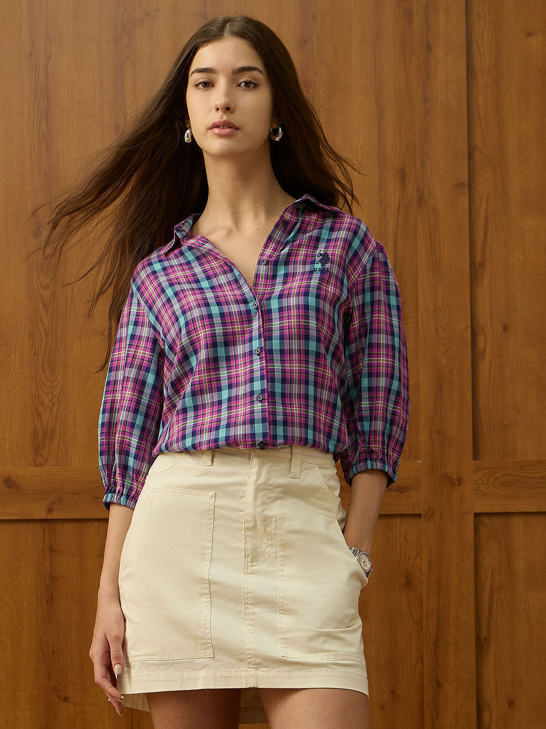 U.S. Polo Assn. Women Gingham Checked Spread Collar Pure Cotton Casual Shirt