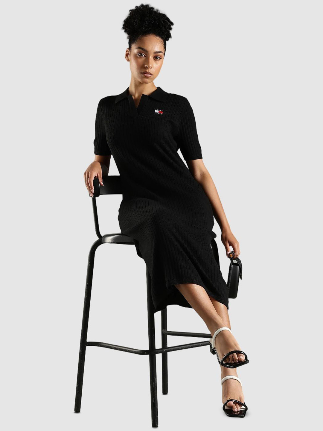 Tommy Hilfiger Women Striped Slits Short Sleeve Polo Collar Bodycon Midi Dress