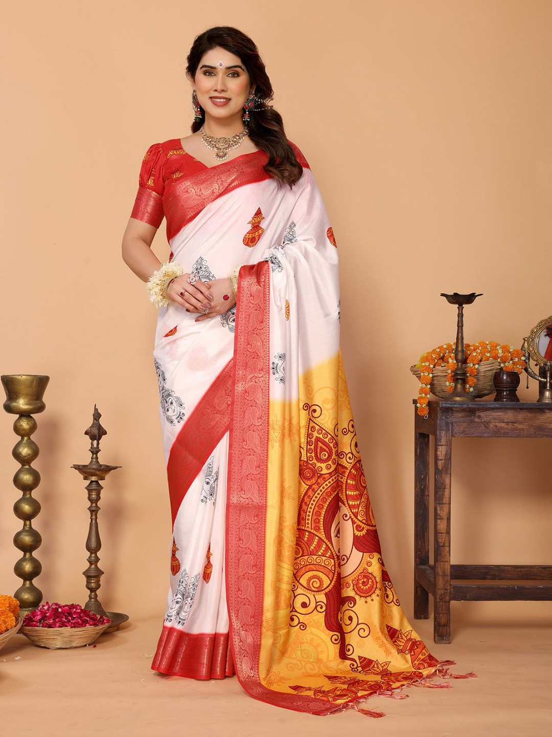 ALMAARI FASHION Ethnic Motifs Printed Zari Tussar Silk Handloom Saree