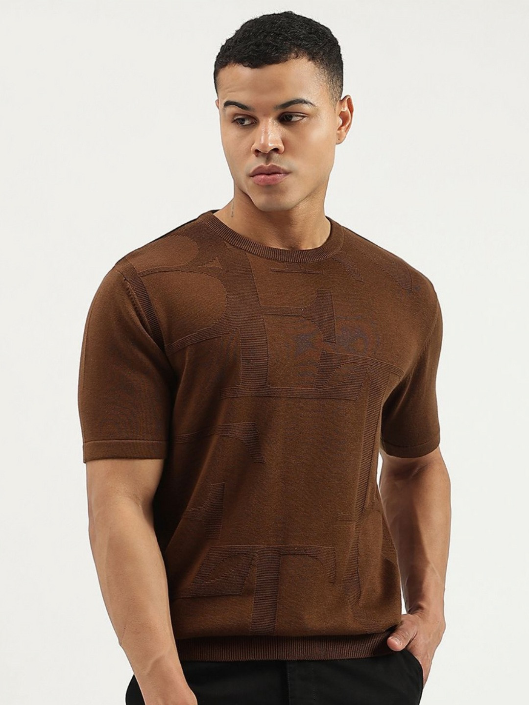 United Colors of Benetton Typography Self Design Crew Neck Pure Cotton T-shirt