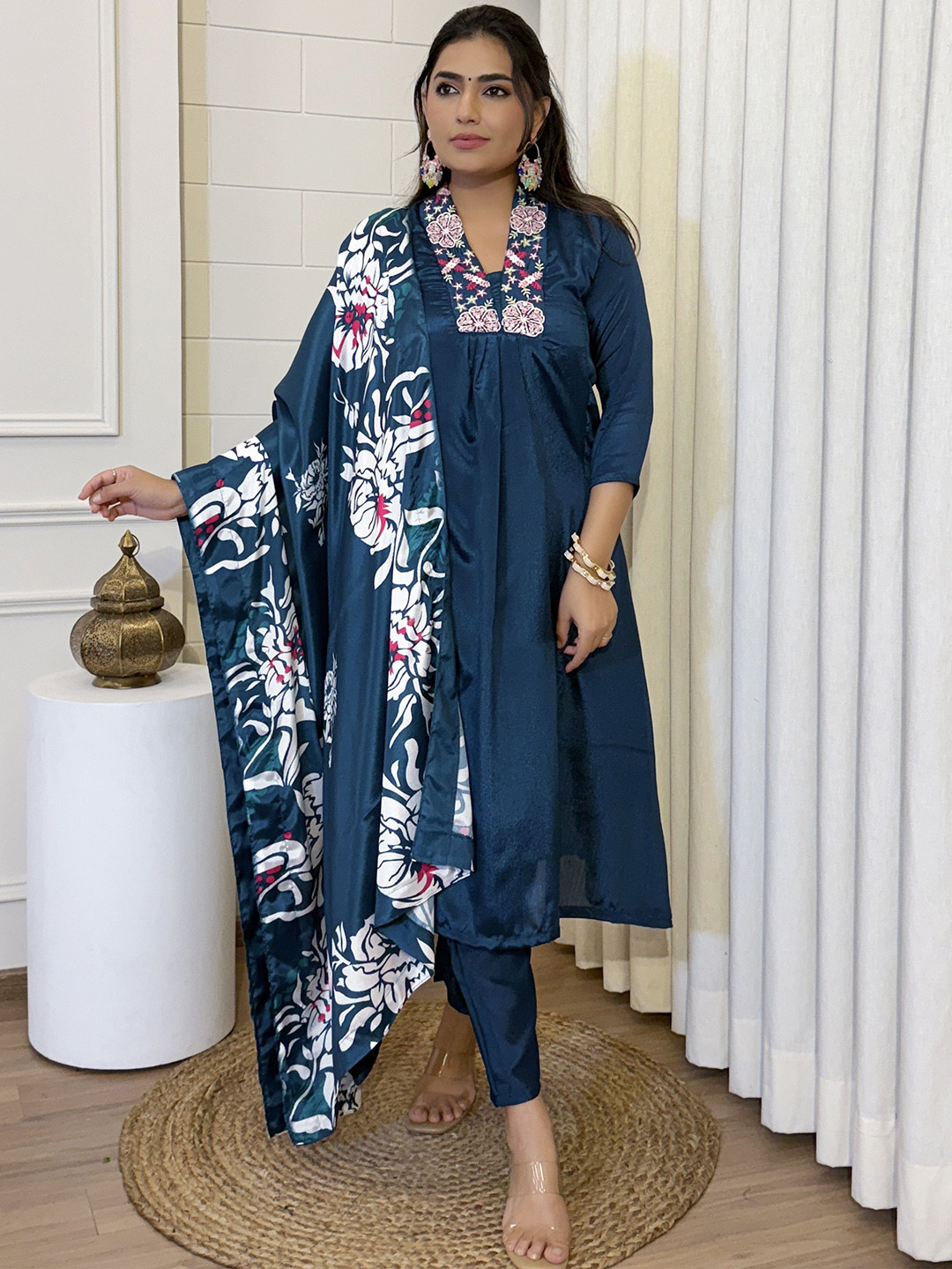 SWEETPEL Adults-Women Woven Design Yoke Design A-Line Kurta with Trousers & Dupatta