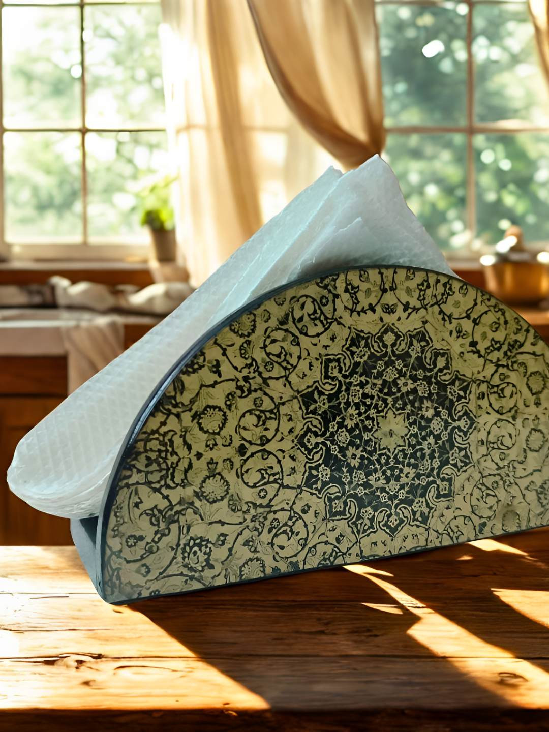 THE HOME CO. Green Printed Wooden D Shape Tissue Holder