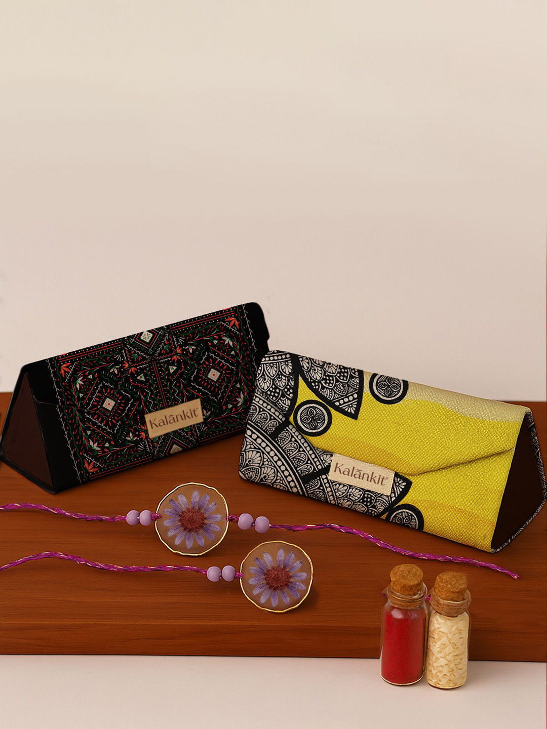 Kalankit Rakhi with Set Of 2 Trifold Sunglass Cases for Bhai and Bhabhi Rakhi Gift Set