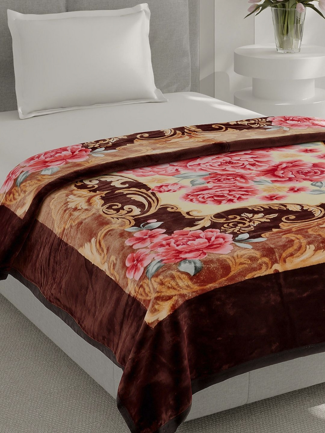 Monte Carlo Relation Plus Maroon & Brown Printed Heavy Winter Single Bed Blanket 483 GSM
