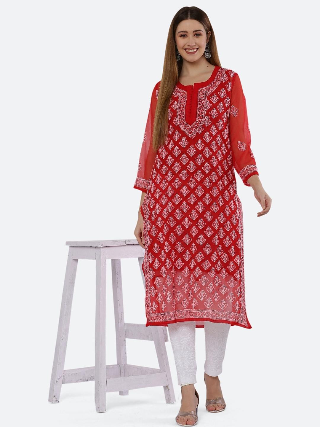 FIIZA Floral Embroidered Chikankari Pure Georgette Chikankari Kurti