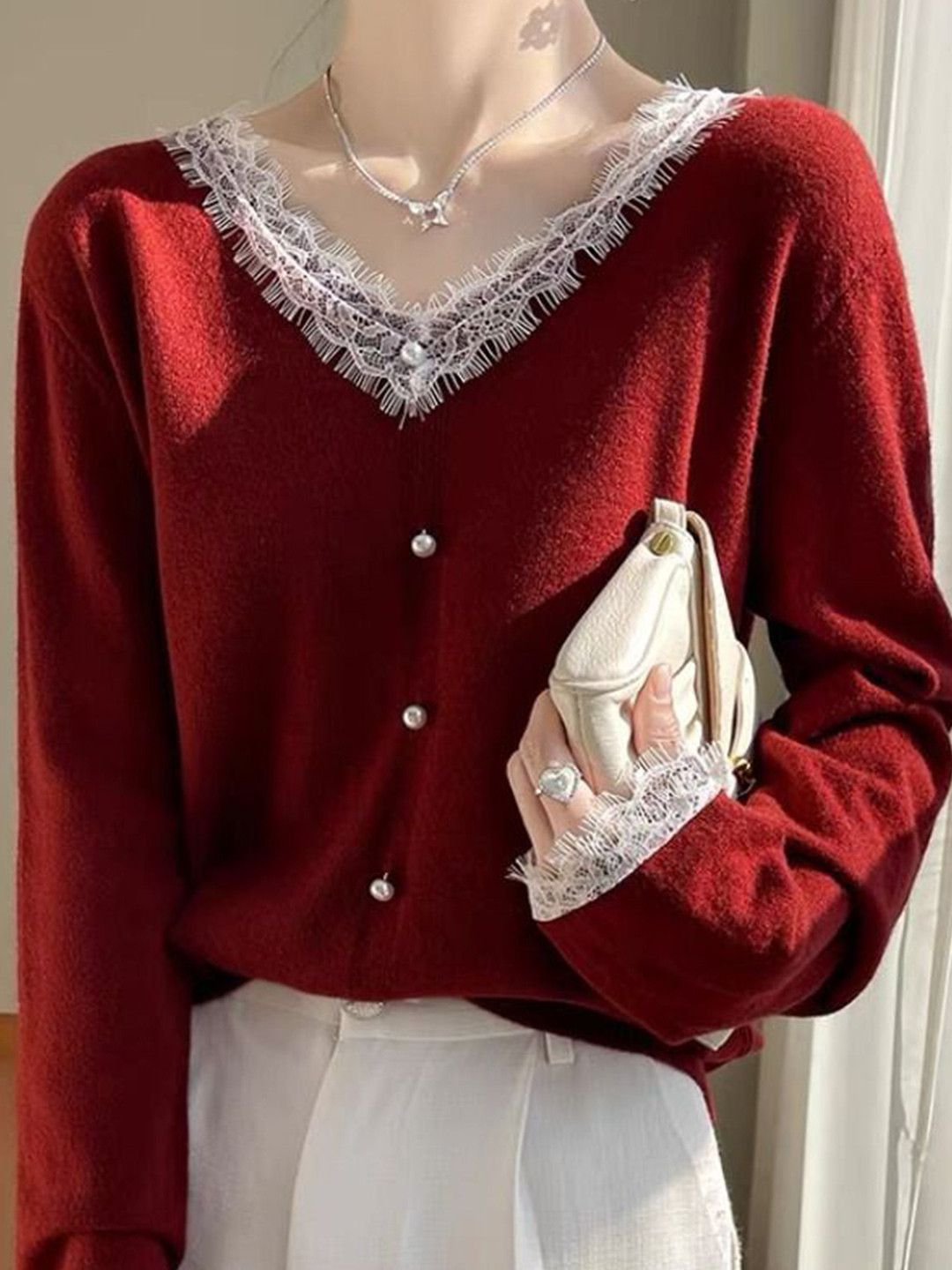 StyleCast Women V-Neck Cotton Pullover with Fringed Detail