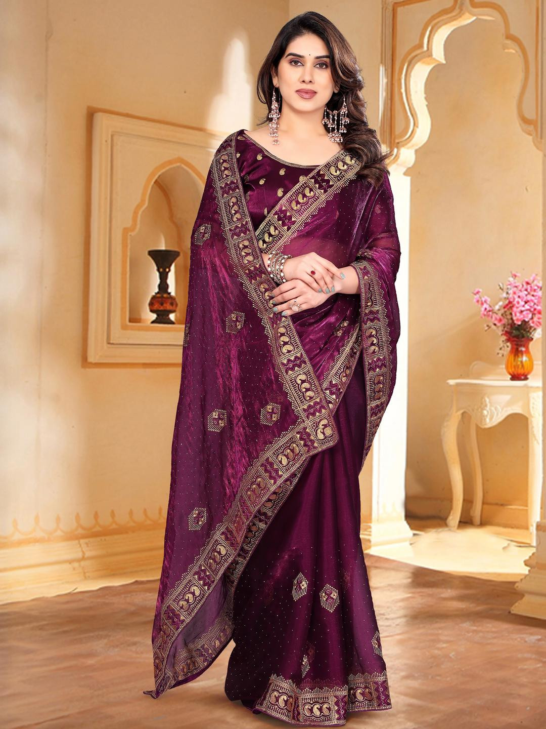 KHRITI FAB Purple Embroidered Jute Silk Sarees