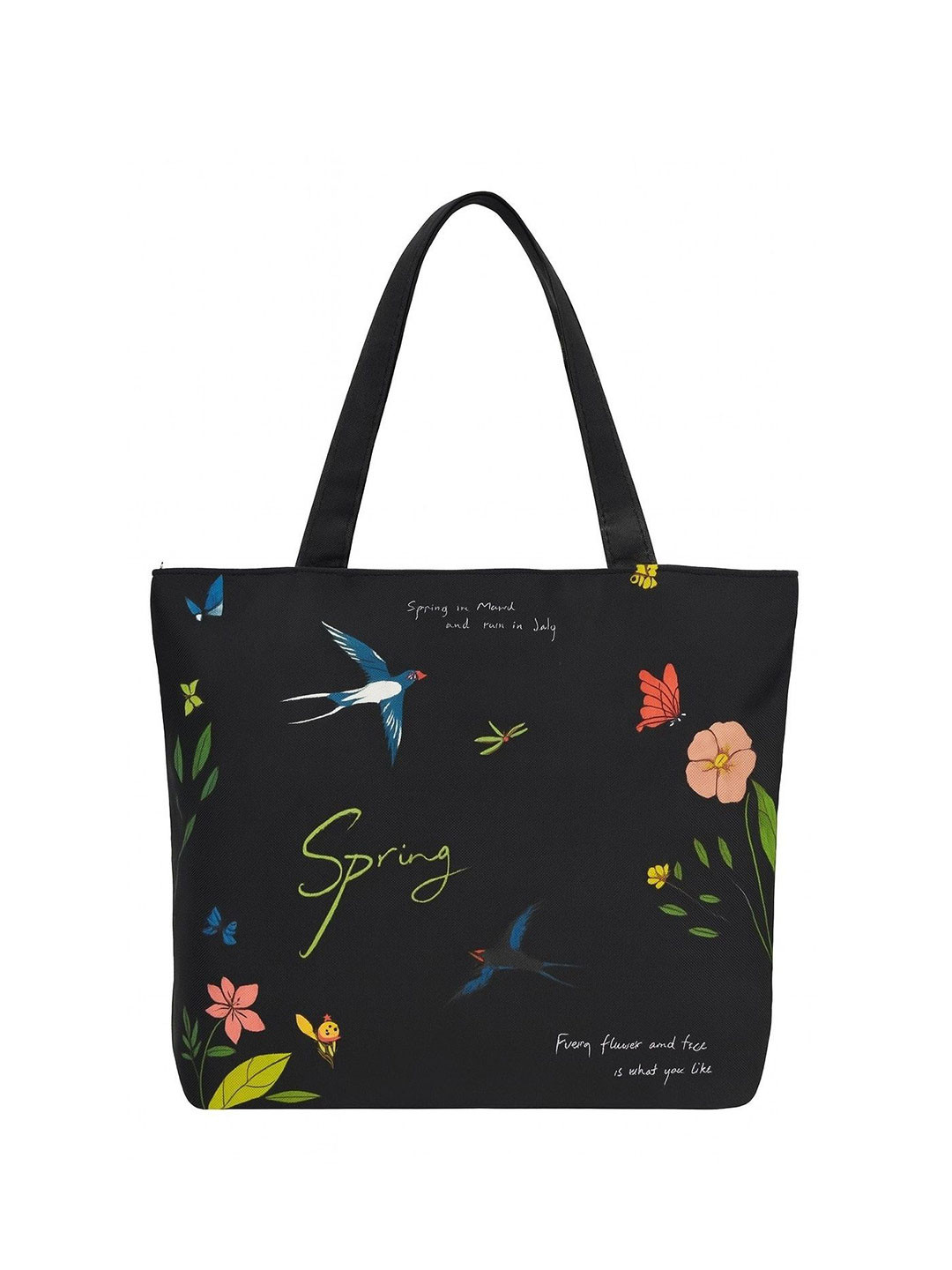 KeepCart Women Black Floral & Bird Print Zipper Closure Canvas Tote Bag