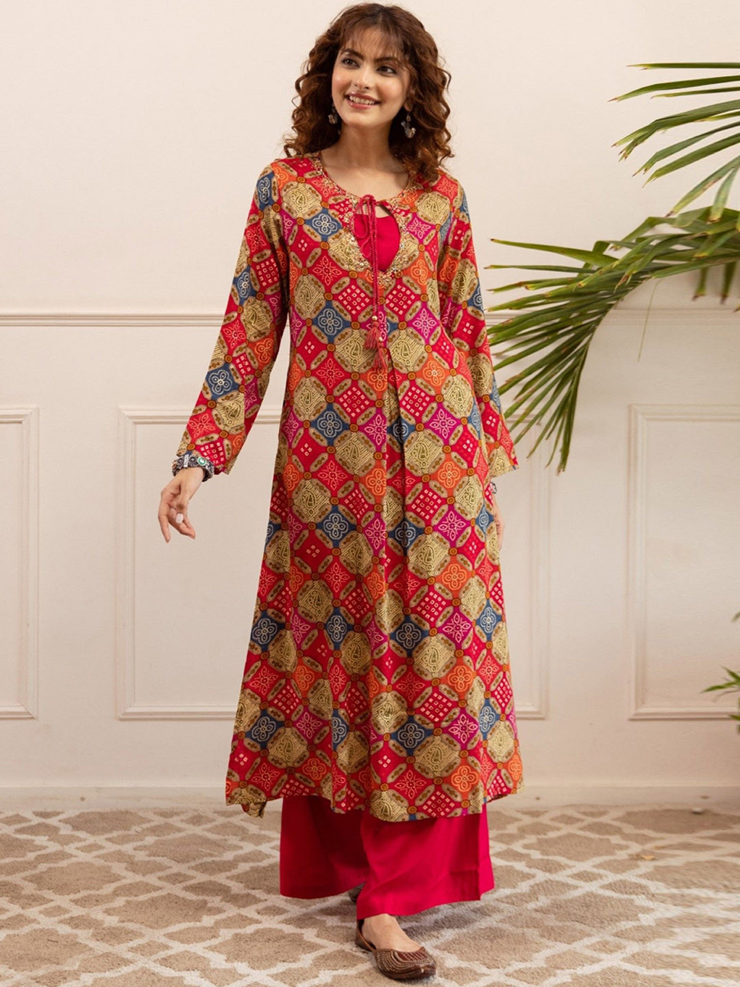 AUTUMN LANE Kabool Carmine Bandhani Printed Pure Cotton A-Line Kurta With Palazzos