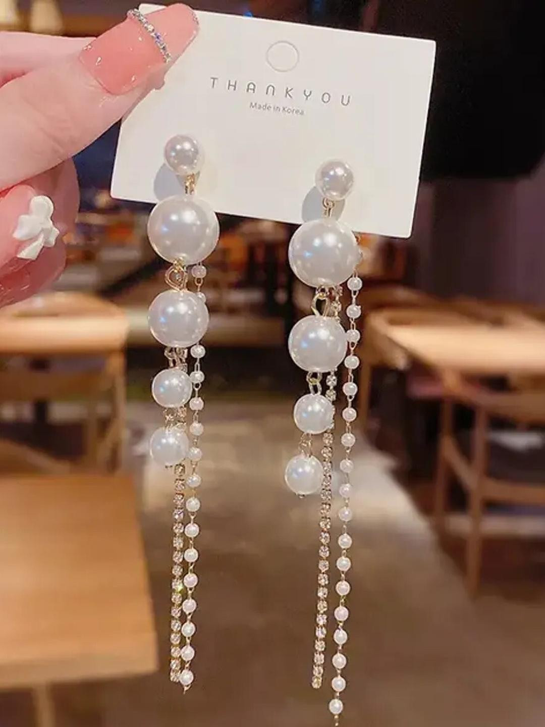 Khusha Creations white Rhinestone Drop Earrings