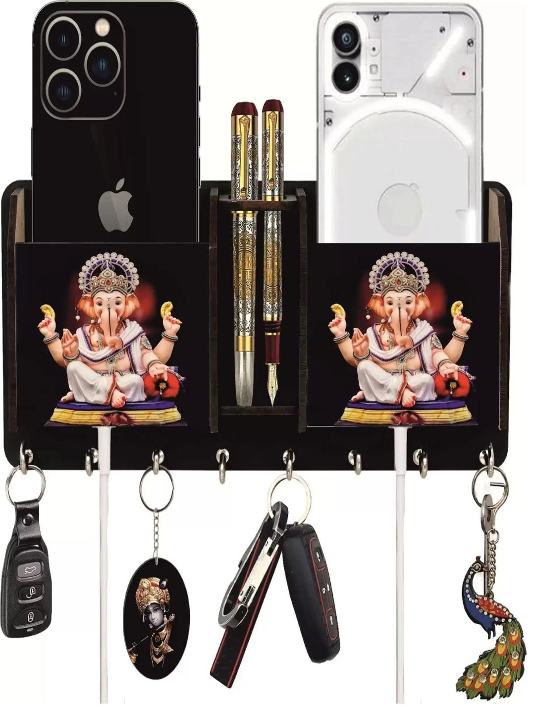Shiv Collection Black Ganesh Printed Wooden Key Holder