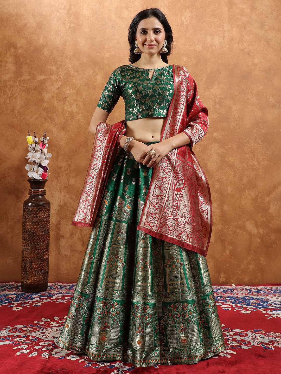 SWAMI STUDIO Woven Design Zari Work Semi-Stitched Silk Lehenga & Blouse With Dupatta