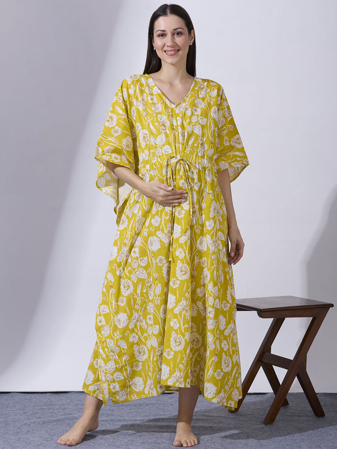 Blush 9 Women Floral Printed Maternity And Feeding Maxi Kaftan Nightdress