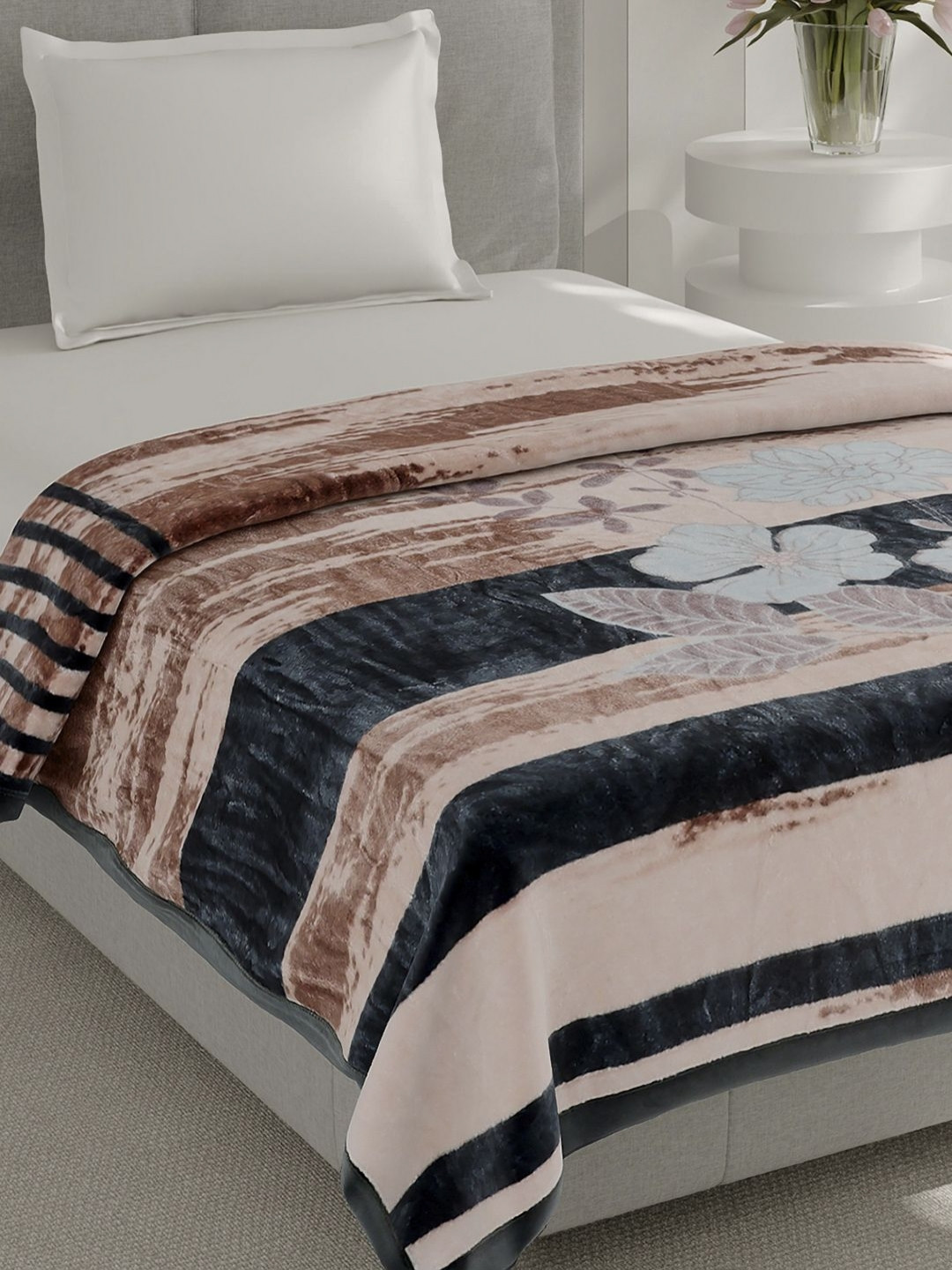 Monte Carlo Soulmate Brown & Grey Printed Heavy Winter Single Bed Blanket 483 GSM