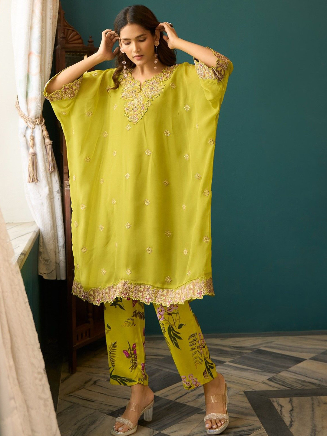 AUTUMN LANE Women Woven Design A-Line Kurta with Trousers