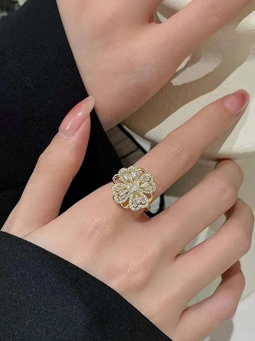 TheVineGir Cubic Zirconia Studded Adjustable Gold-Plated Clover Ring  For Women