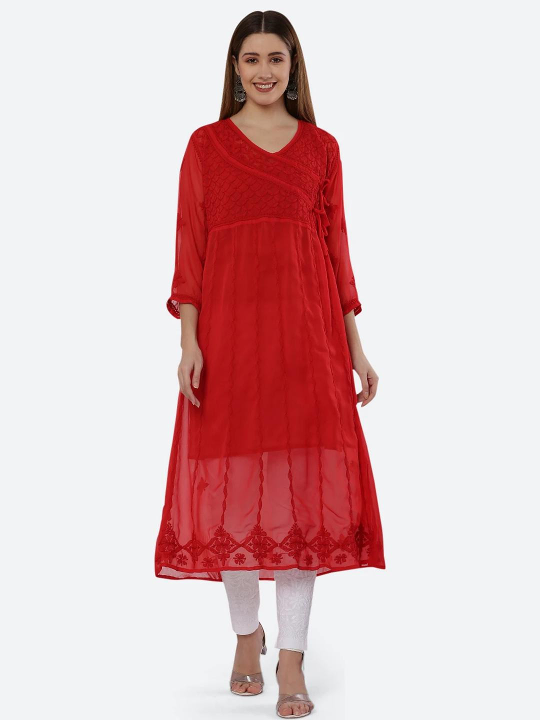 FIIZA Red Lucknowi Chikankari Machine Embroidered Rayon Straight Kurti