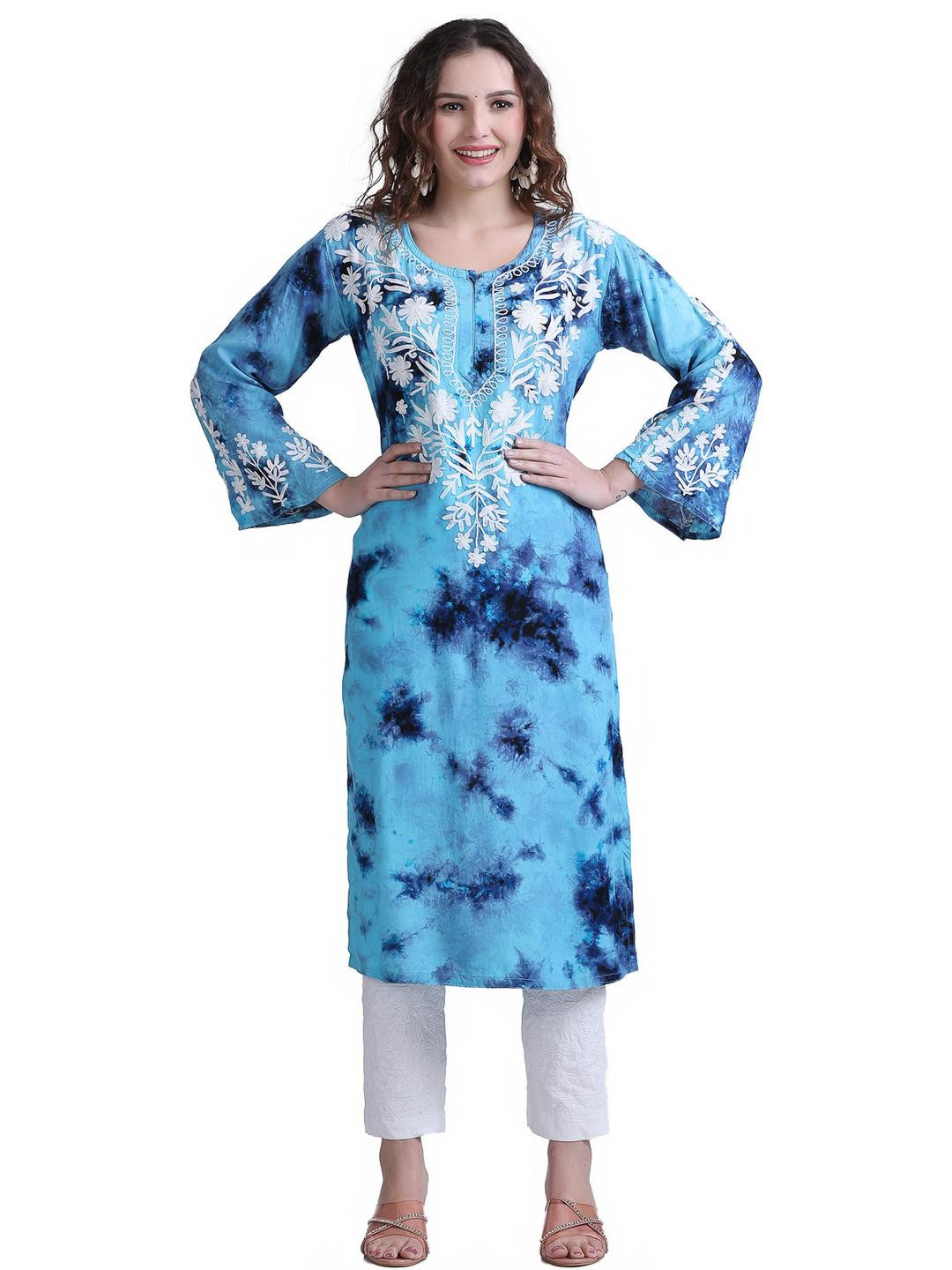 FIIZA Women's Lucknowi Chikankari Machine Embroidery Rayon Kurti