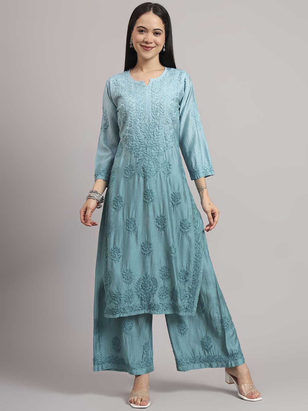 The Chikan Label Women Woven Design Embroidered Kurta with Palazzos