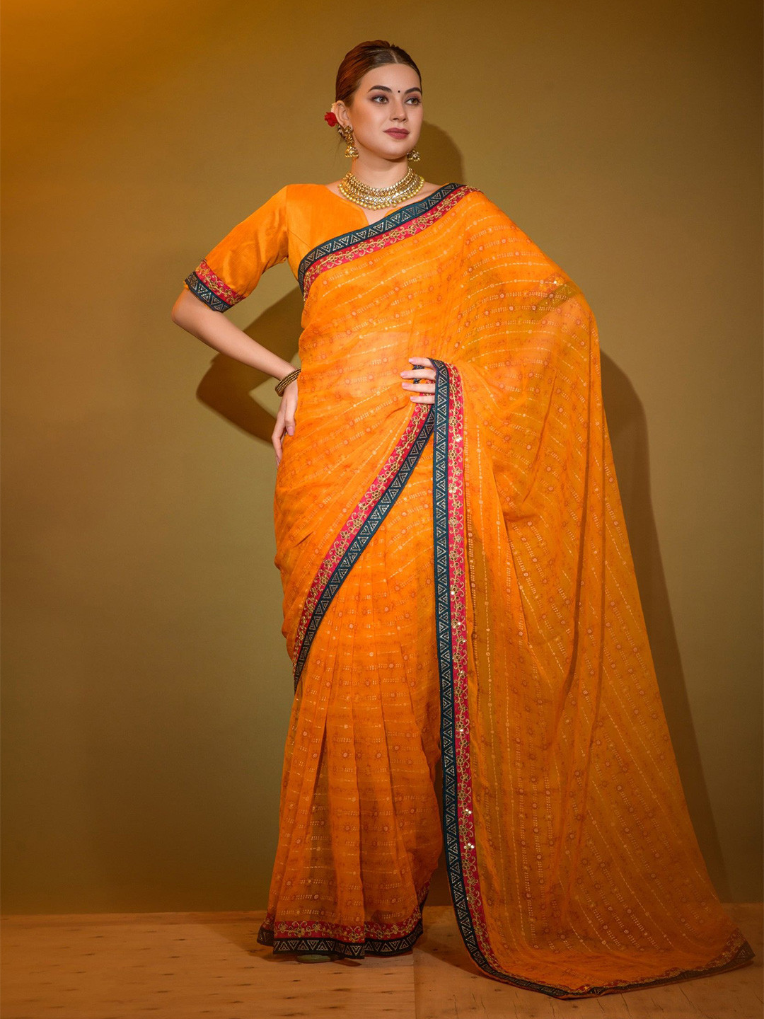 KALINI Women Soft Georgette Foil Printed Sequence Work Saree With Unstitched Blouse Piece