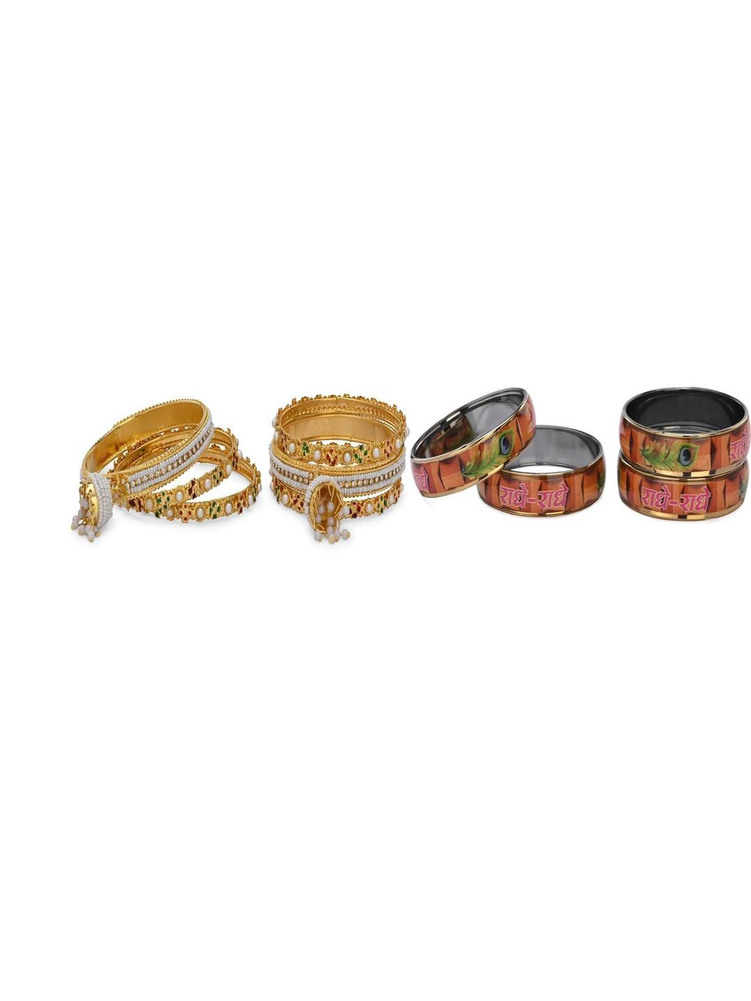 SOMIL Set Of 6 Gold And Multi Glass Artificial Stones & Beads Bangles