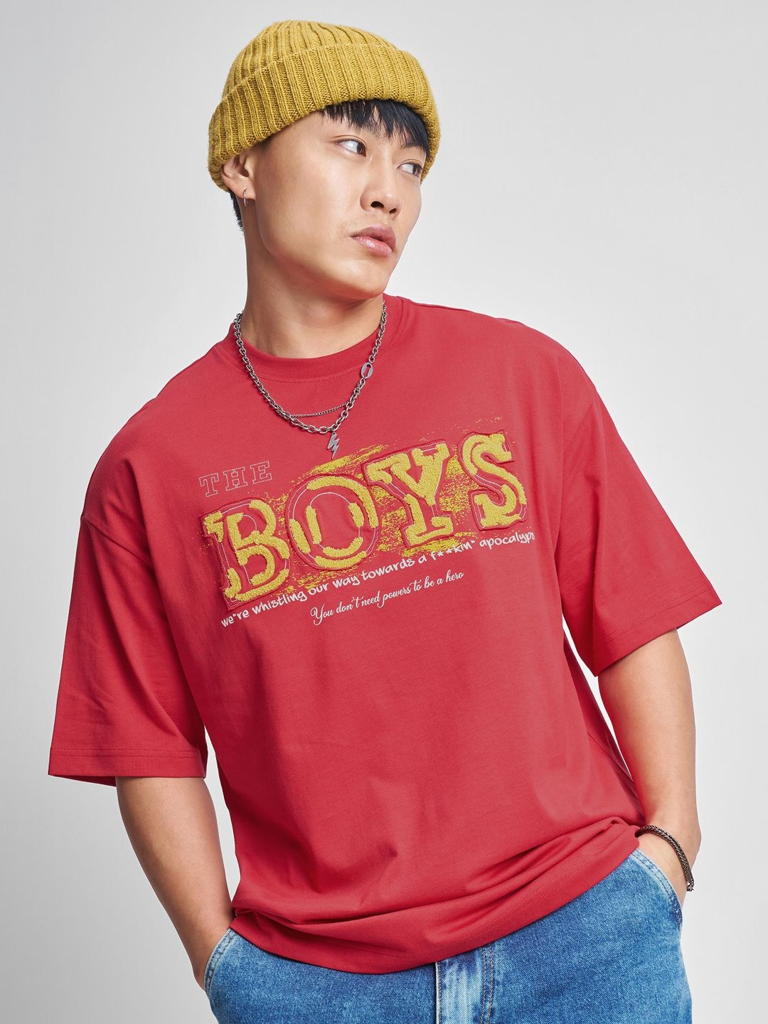 HIGHLANDER Men The Boys Typography Printed Round Neck Cotton Oversized T-shirt