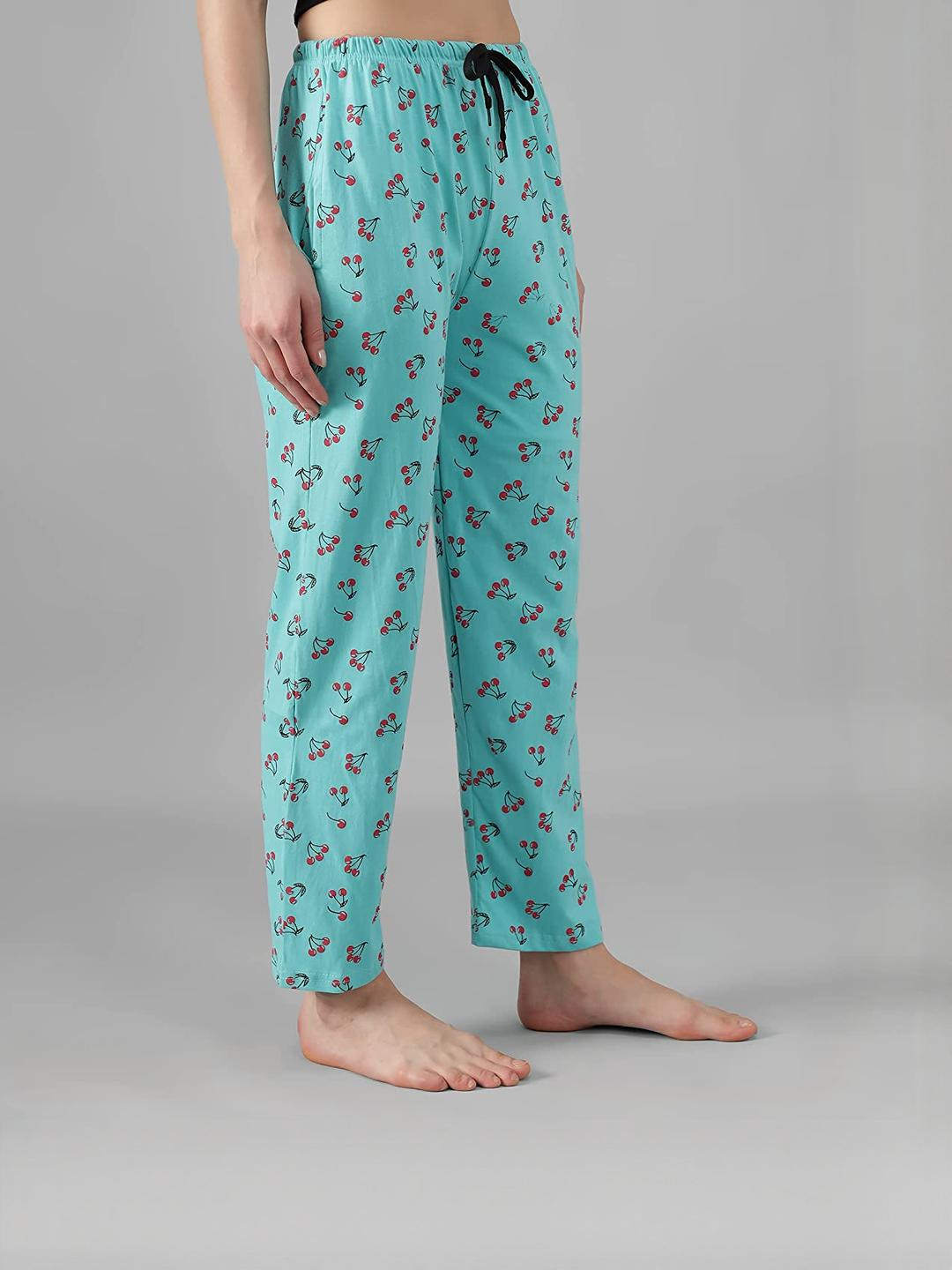 FIT N FAME Women Pack Of 2 Blue & Grey Cherry Printed Relaxed-Fit Cotton Mid-Rise Pyjamas