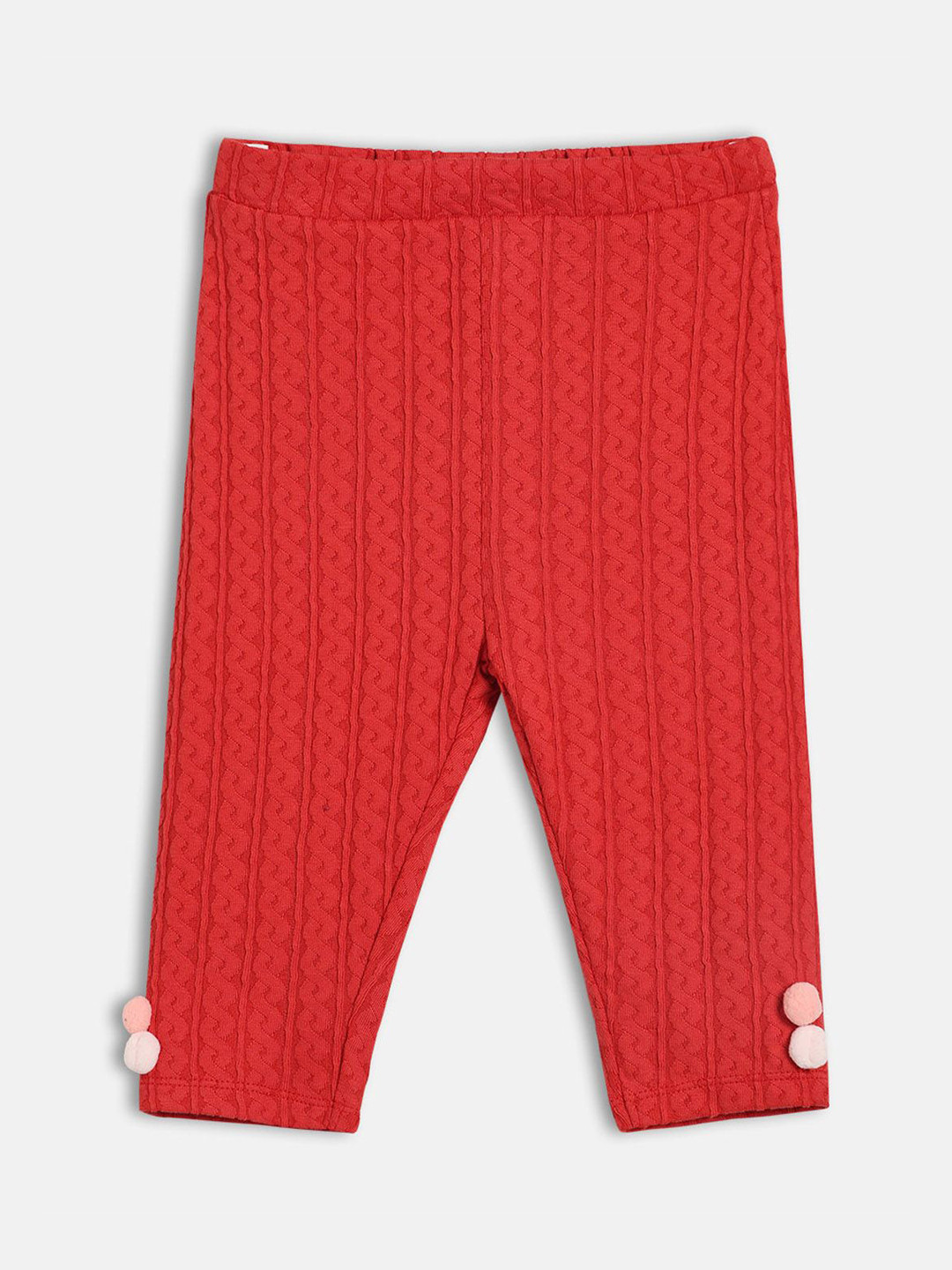 MINI KLUB Girls Textured Cotton Trousers with Pom Pom Detail