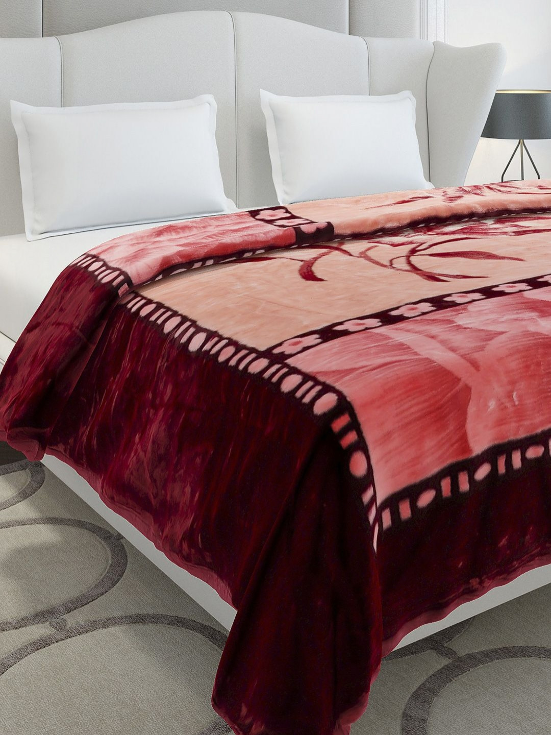 Monte Carlo Marshal Maroon & Pink Printed Heavy Winter Double Bed Blanket 852 GSM