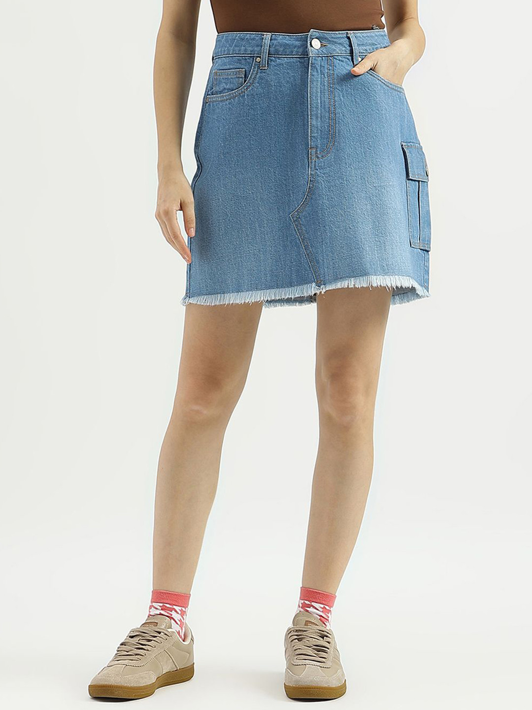 United Colors of Benetton Women Pure Cotton Straight Denim Short Utility Skirt