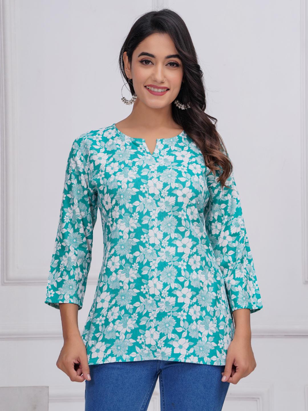 CHOISE GABBAA Sea Green Rayon Floral Printed Short Kurti