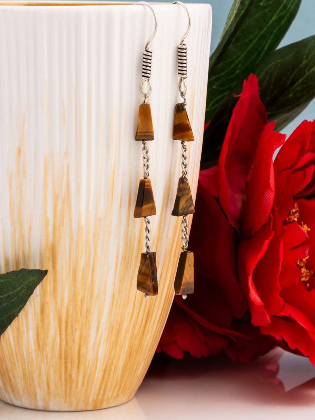 Shrim jewels Brass-Plated Tiger Eye Studded Oxidised Triangular Shaped Drop Earrings