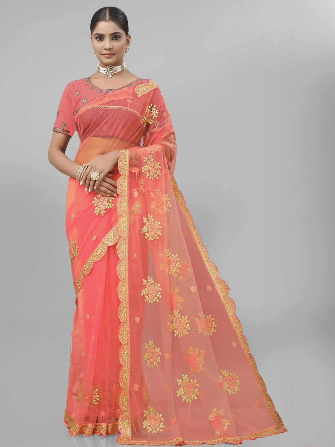KHRITI FAB Orange Embroidered Net Sarees