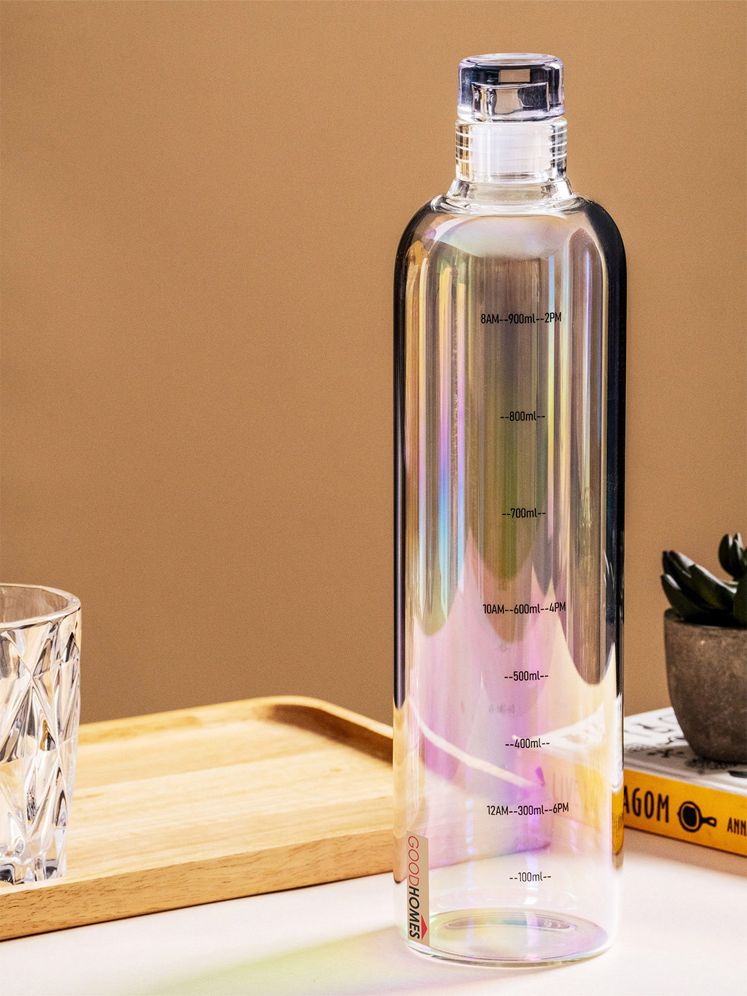 GOODHOMES Transparent & Black Printed Glass Smart Vacuum Water Bottle 1L