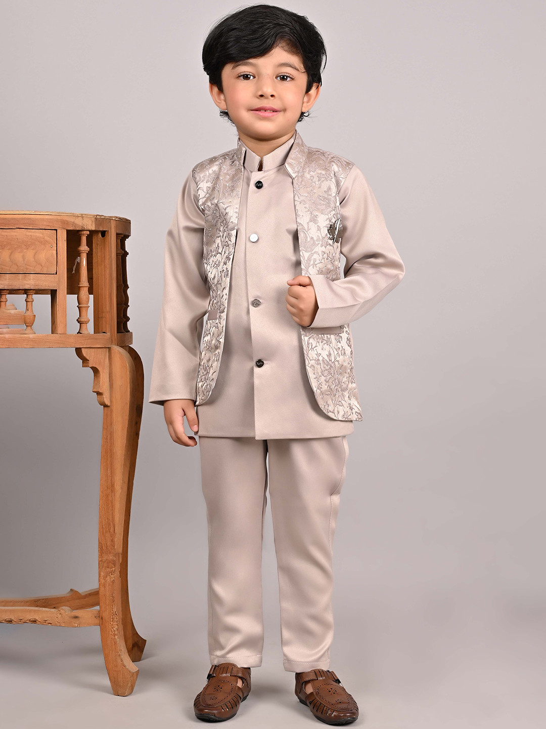 BAESD Boys Stone Embellished & Embroidered Mandarin Collar Sherwani Set
